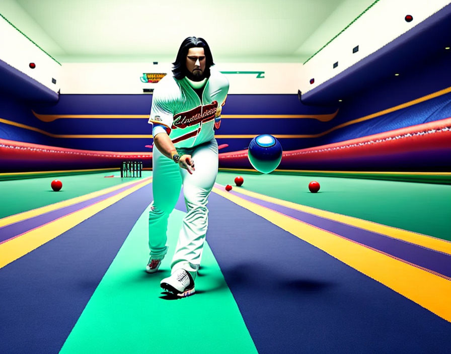 Colorful bowling alley scene with person ready to bowl