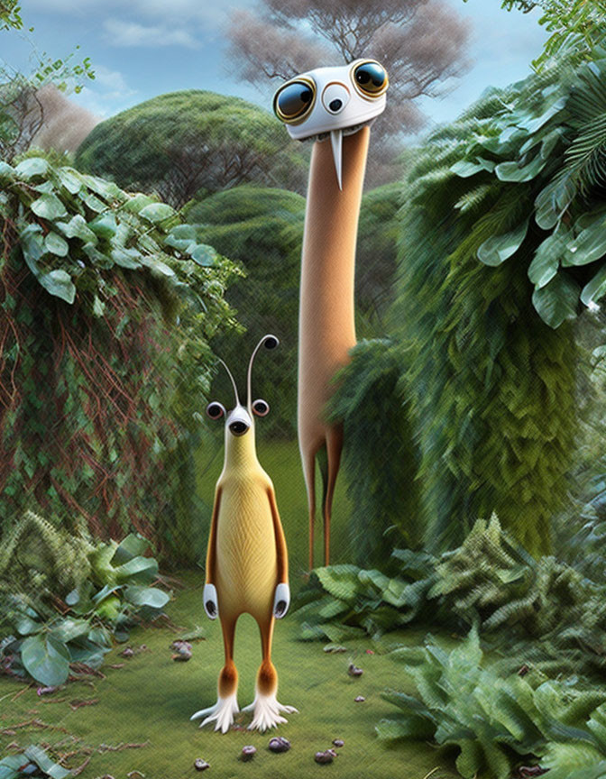 Tall and short giraffe-like creatures in lush green forest