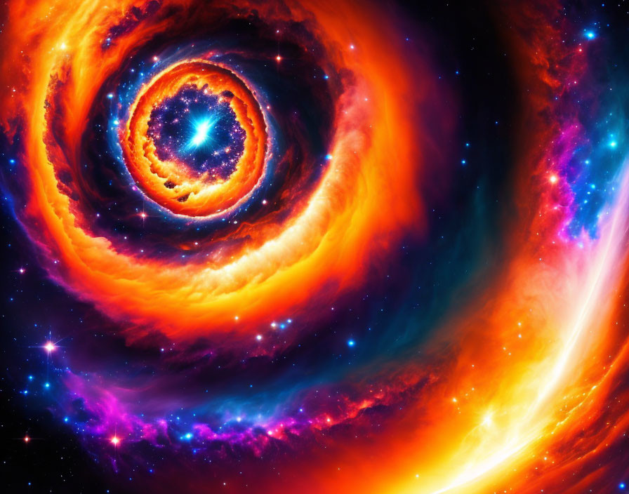 Fiery orange, red, and yellow cosmic swirl around blue star