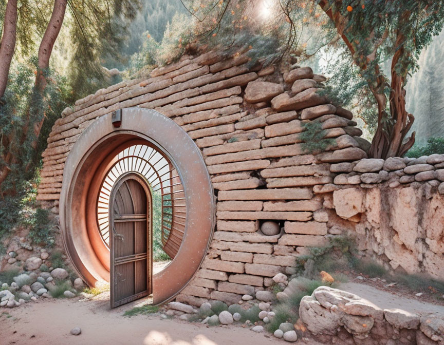 Circular wooden door in stone wall with intricate patterns, lush greenery, sunlight.