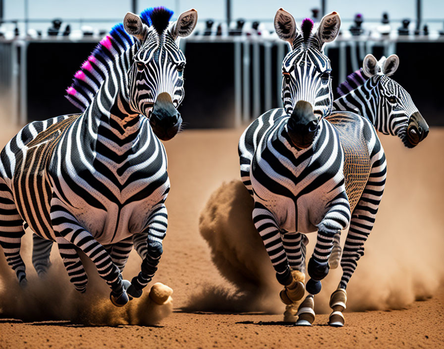 Stylized punk-like maned zebras running on sandy track