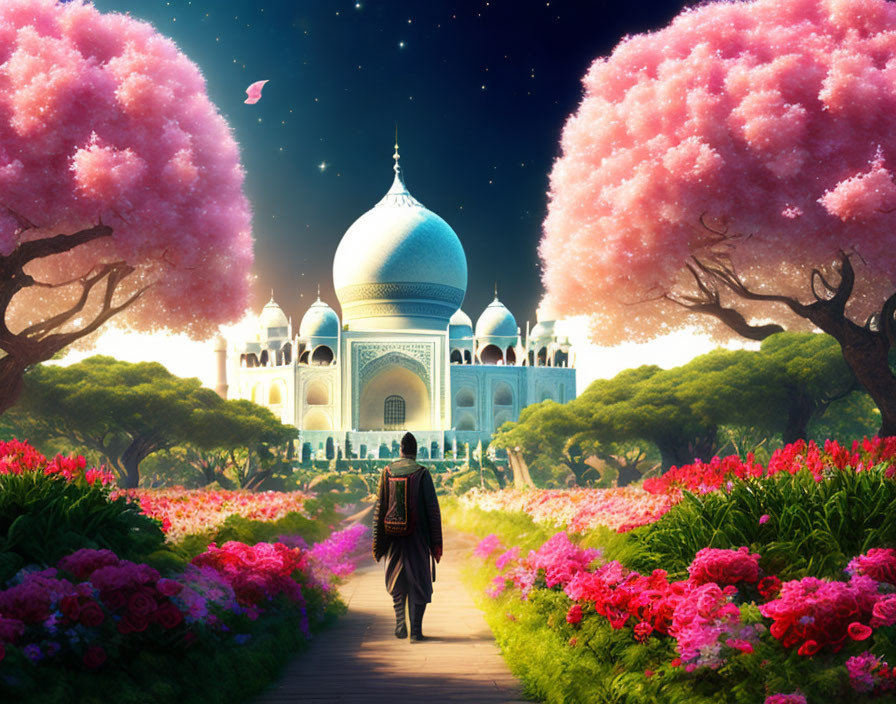 Person Walking to Majestic Palace Among Pink Trees and Flowerbeds