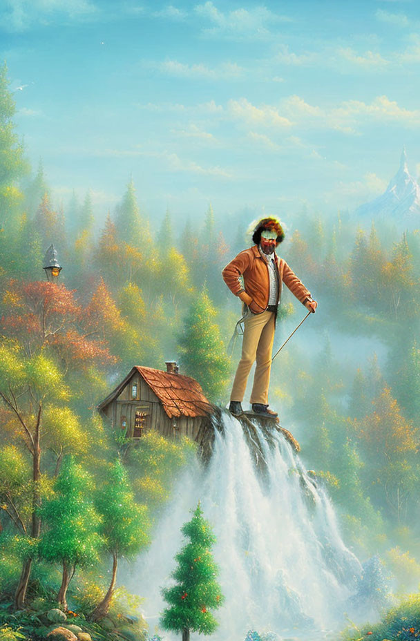 Man with cane overlooking lush forest, cabin, and mountains