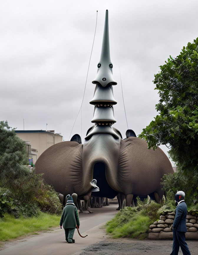 Elephant-like creature with stacked faces and tall hat parades on street