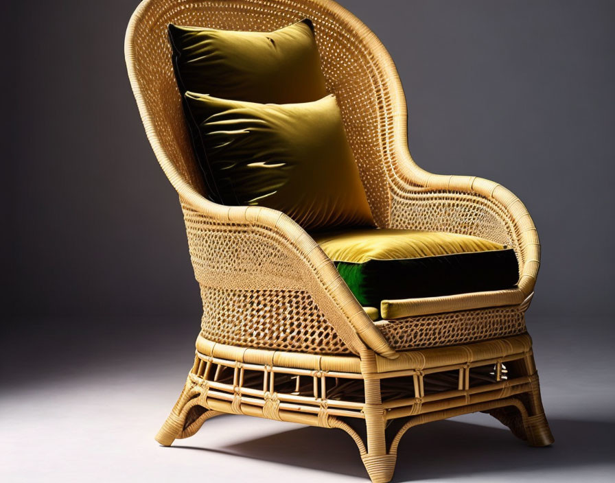 Wicker armchair with high back and green cushions on gray background