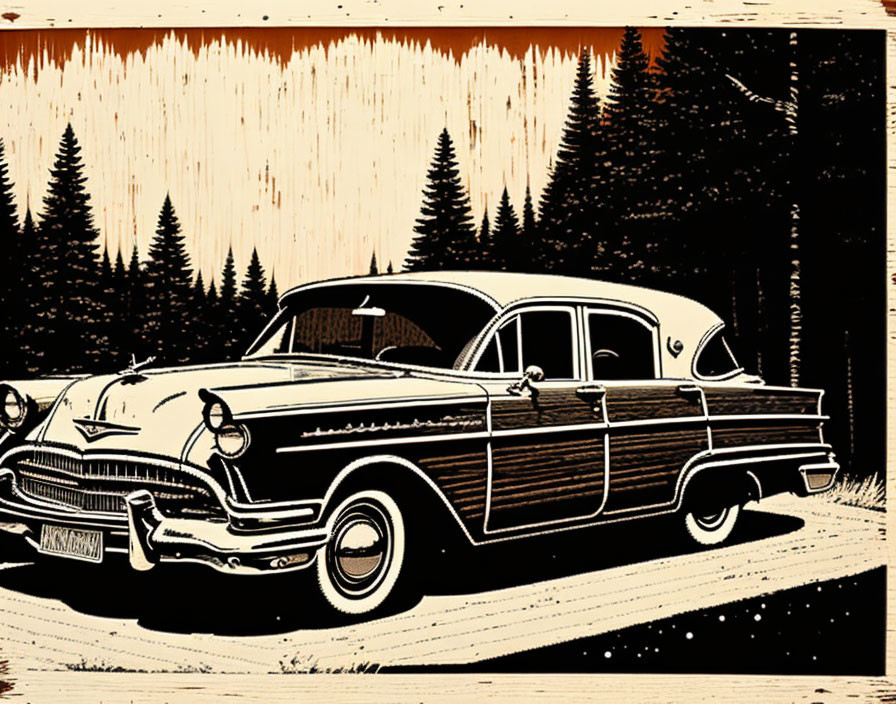 Vintage-style illustration of classic car on forest road with pine trees and sunset.