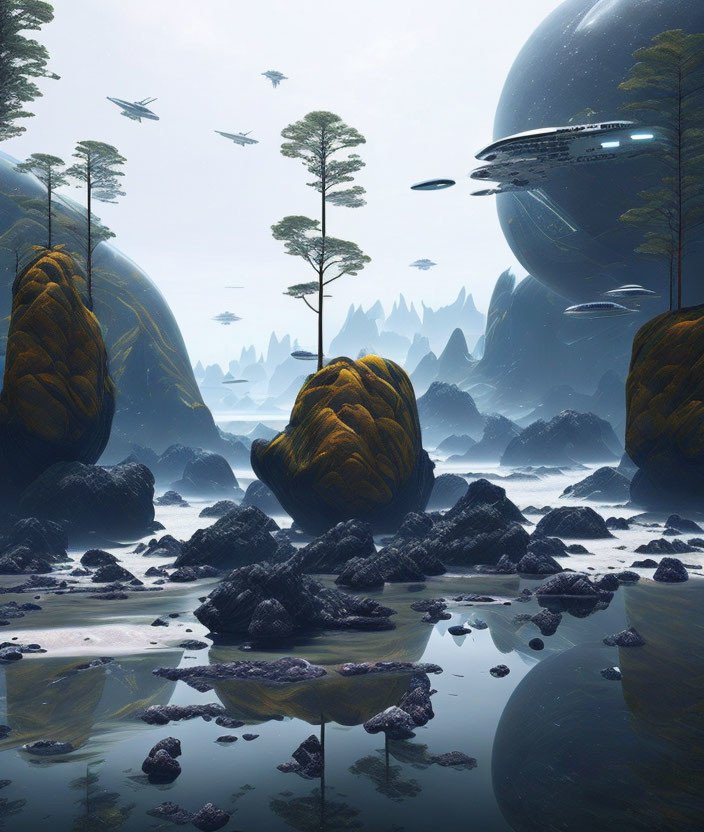 Alien landscape with rocky formations, reflective water, trees, spacecraft, and mountains.