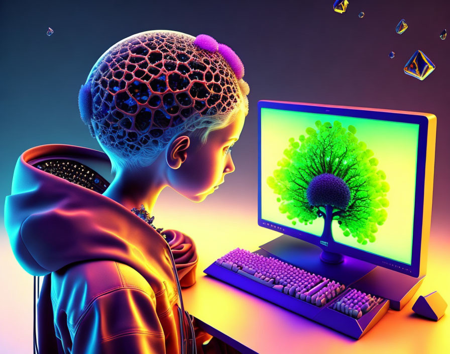 Child with honeycomb head viewing vibrant tree on screen