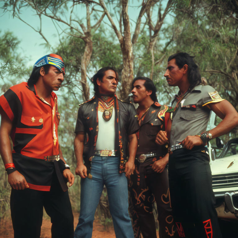 Four men in bandanas and vests pose with classic car in natural setting