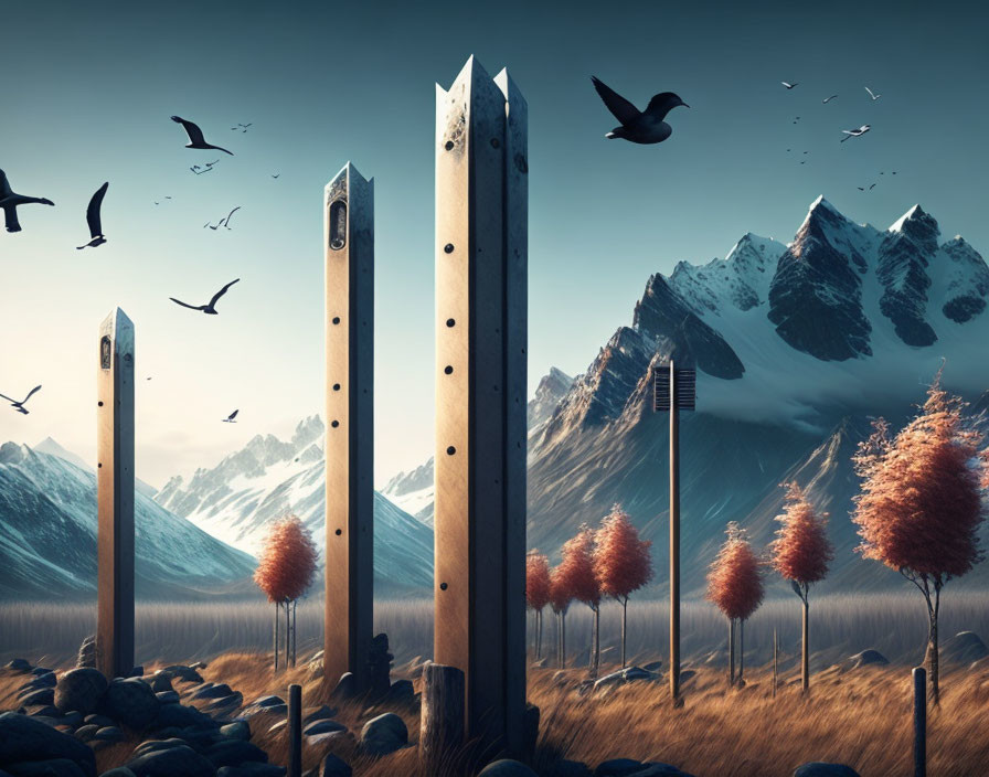 Surreal landscape with giant wooden metronomes and birds