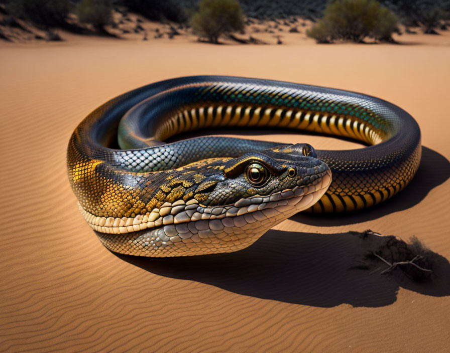 Colorful coiled snake on rippled desert sand with raised head and detailed scales