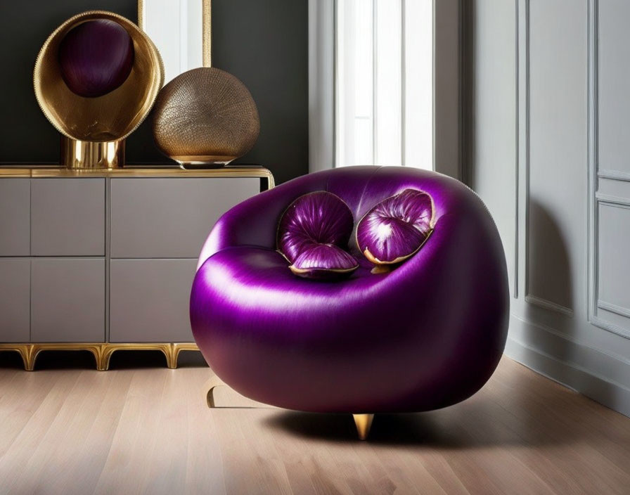 Luxurious Purple Armchair with Gold Base in Elegant Grey and Gold Room