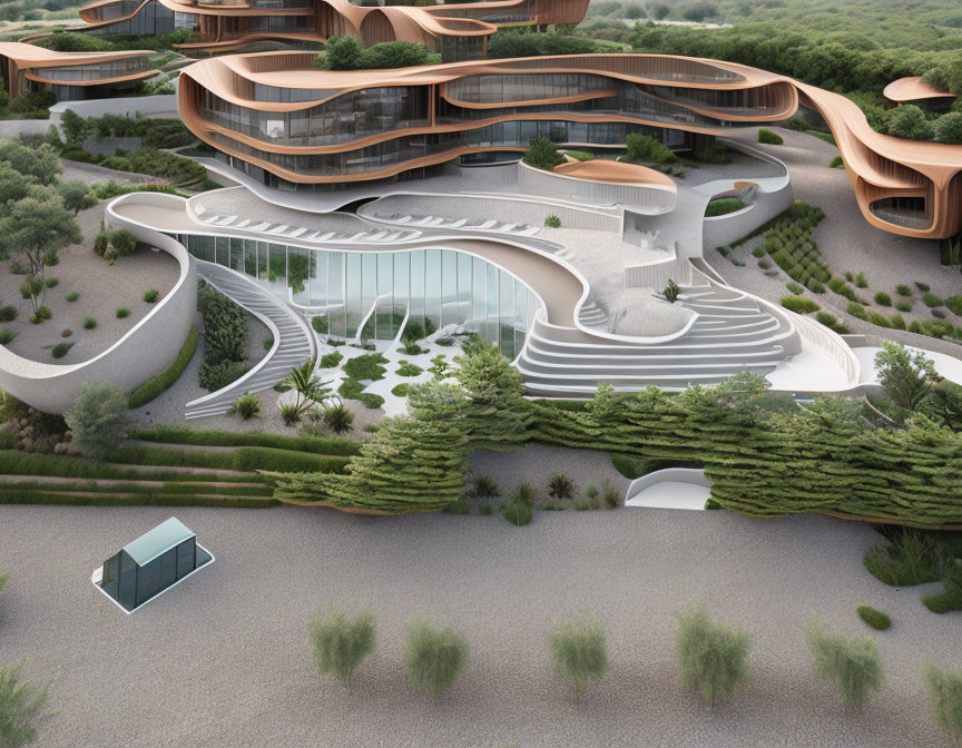 Futuristic Curvilinear Architectural Complex with Green Landscaping