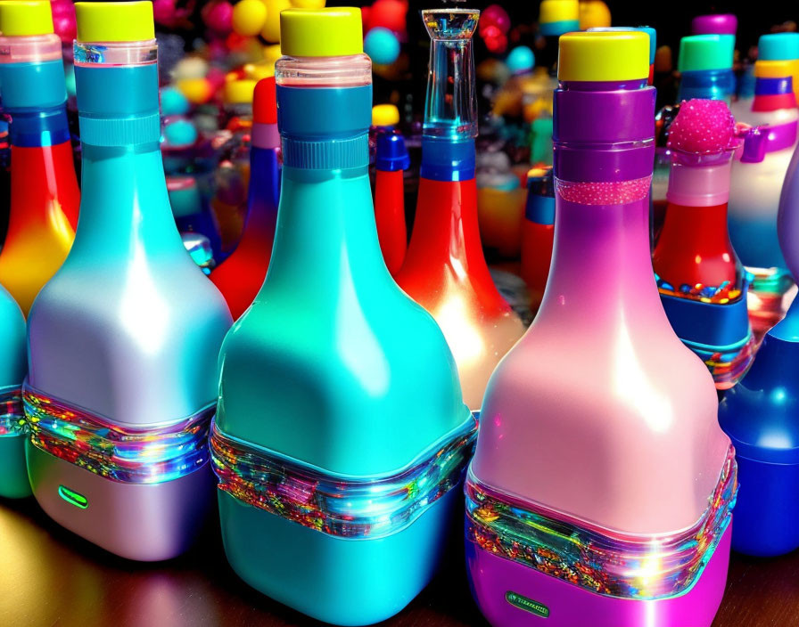 Vibrant, glossy bottles with textured bands amid multicolored spheres