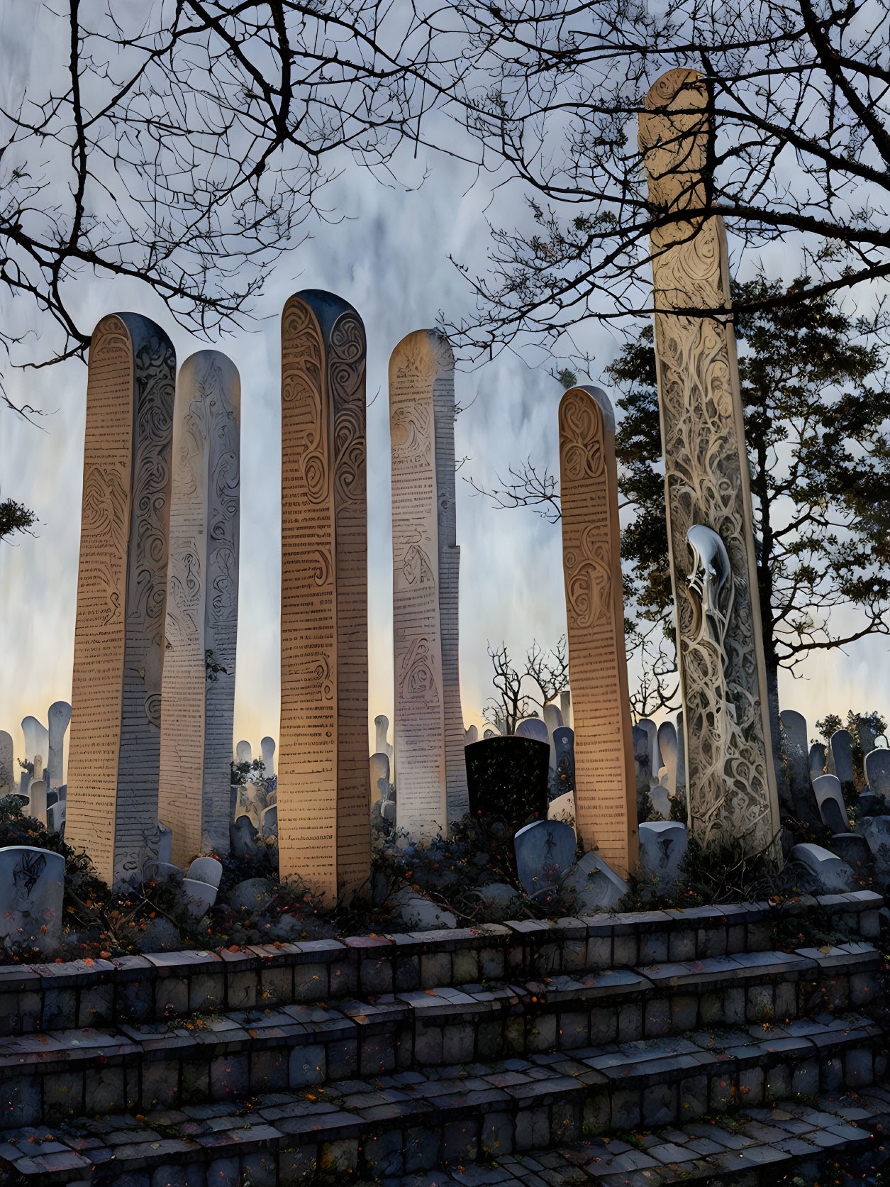 Patterned Monoliths Tower Over Cemetery Scene