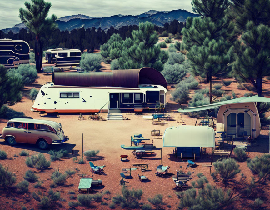 Vintage-style Campers and Car in Desert RV Park with Pine Trees and Mountains - Cloudy Sky