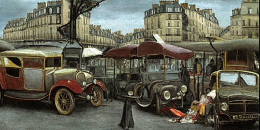 Vintage Painting of Busy Parisian Street with Classic Cars and Market Stalls