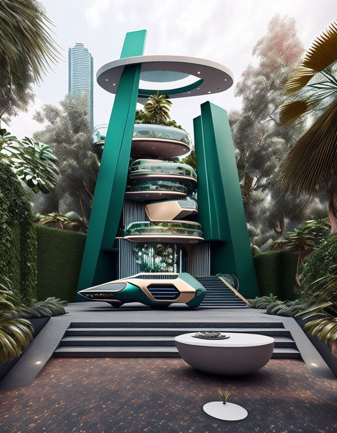 Circular Balconies on Futuristic Building with Modern Car and High-Tech Archway