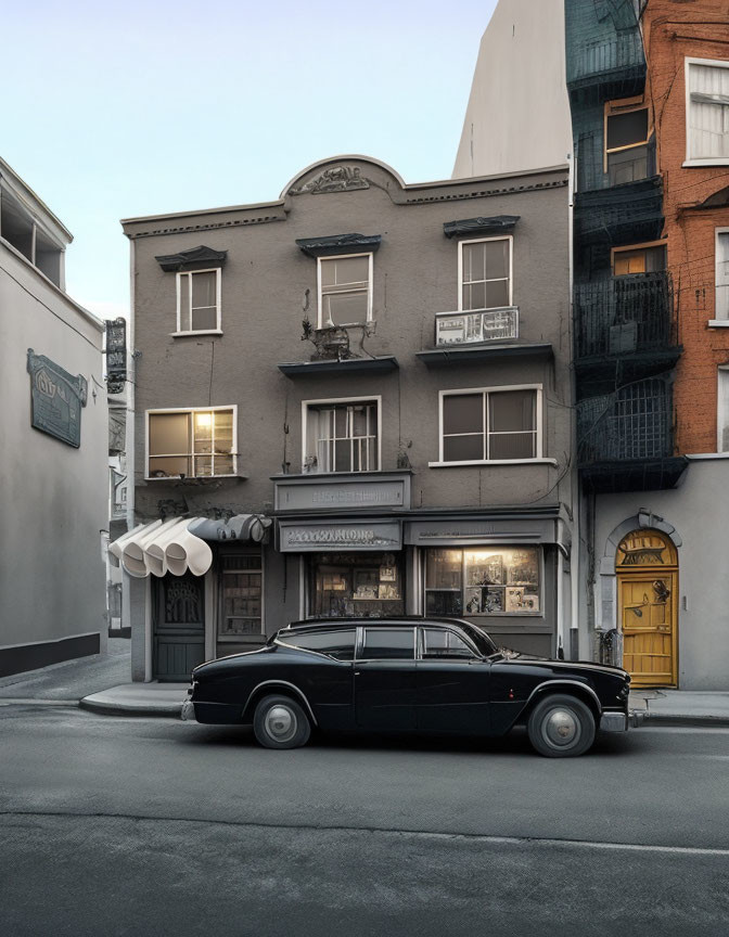 Vintage Black Car Parked in Front of Quaint Three-Story Building