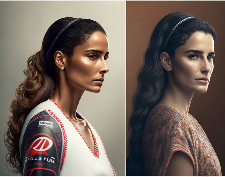 Side-profile portraits: modern racing team shirt vs. vintage classic dress & headband