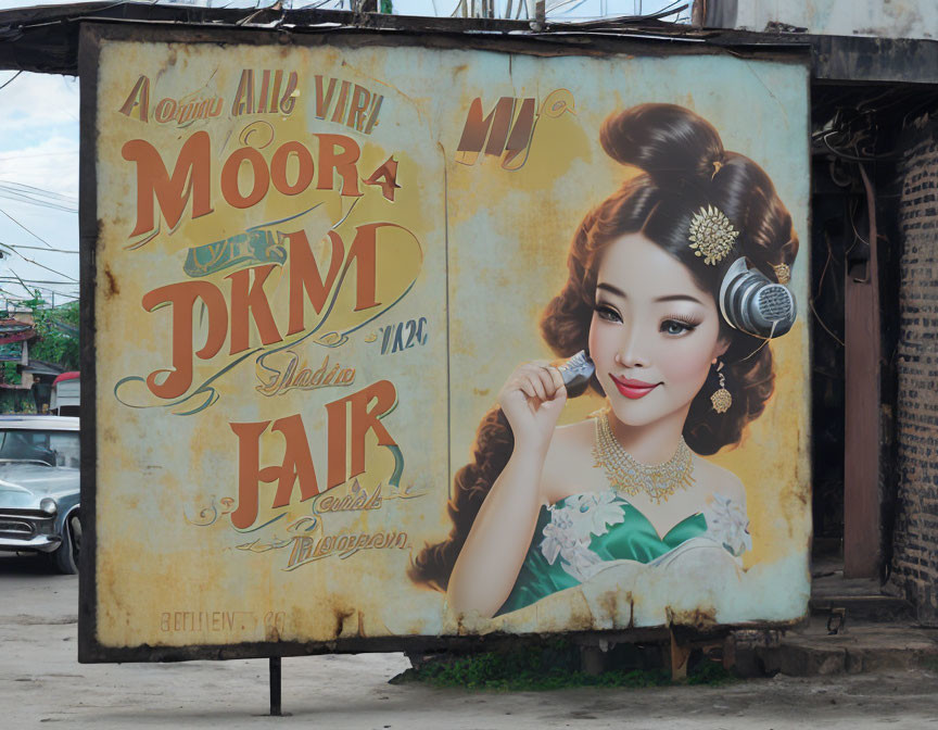 Vintage weathered billboard with illustrated woman promoting fair