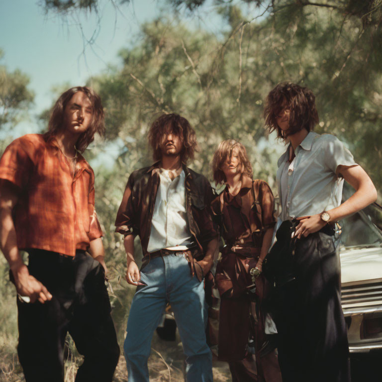 Vintage style clothing worn by four people in wooded area with partial view of car