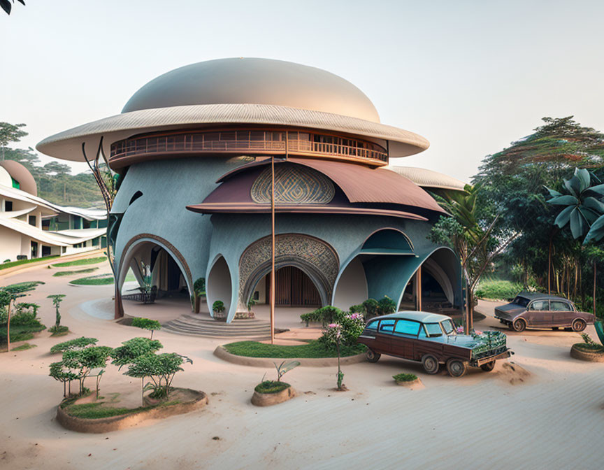 Dome-shaped futuristic architecture in green surroundings with parked cars