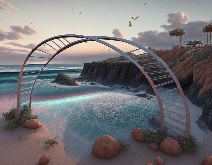 Modern archway over glowing neon lines on beachscape with crashing waves