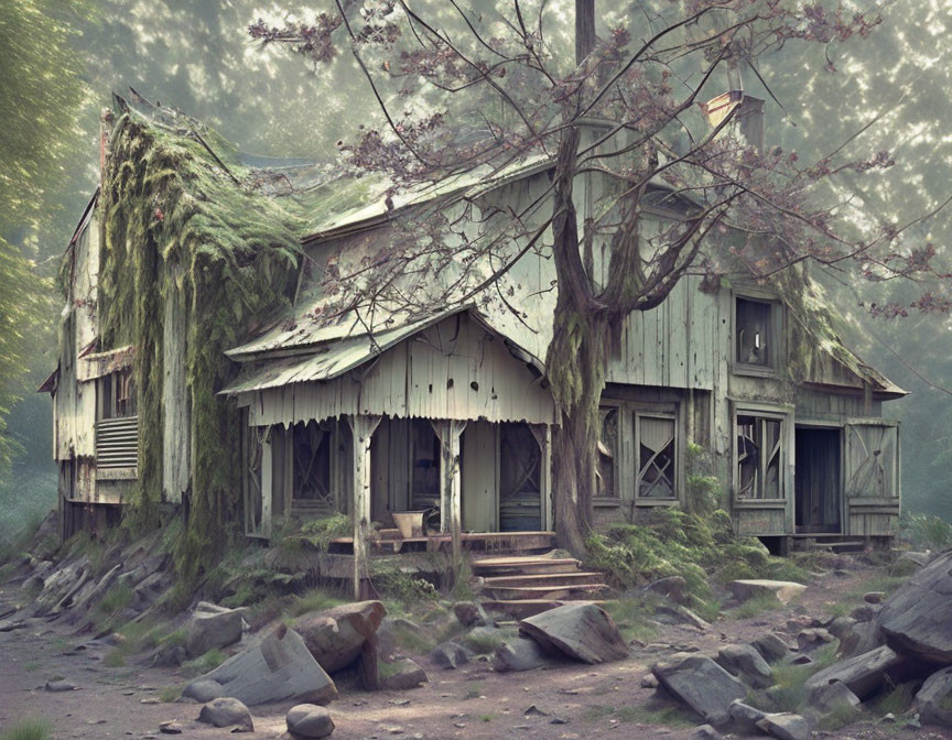 Abandoned house covered in moss and vines in misty forest landscape