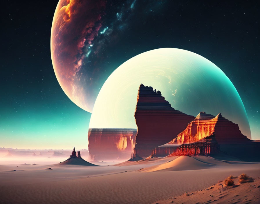 Surreal desert landscape with towering rock formations and multicolored planets