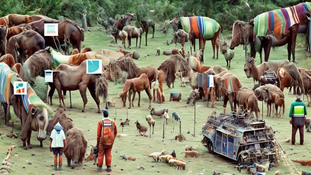 Digitally altered image of horses with blankets and people in surreal scene