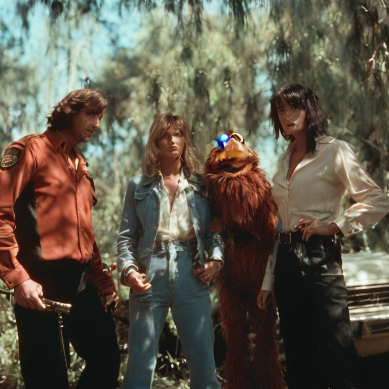 Group of Four in Furry Costume and Vintage Police Car in Wooded Area