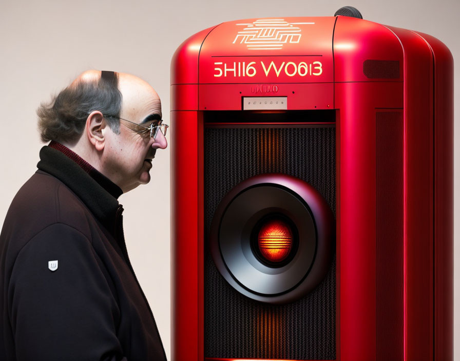 Man in black coat looking at large red speaker with central subwoofer and "Boom" word.