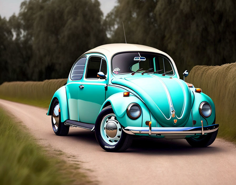 Vintage turquoise Volkswagen Beetle on countryside road.