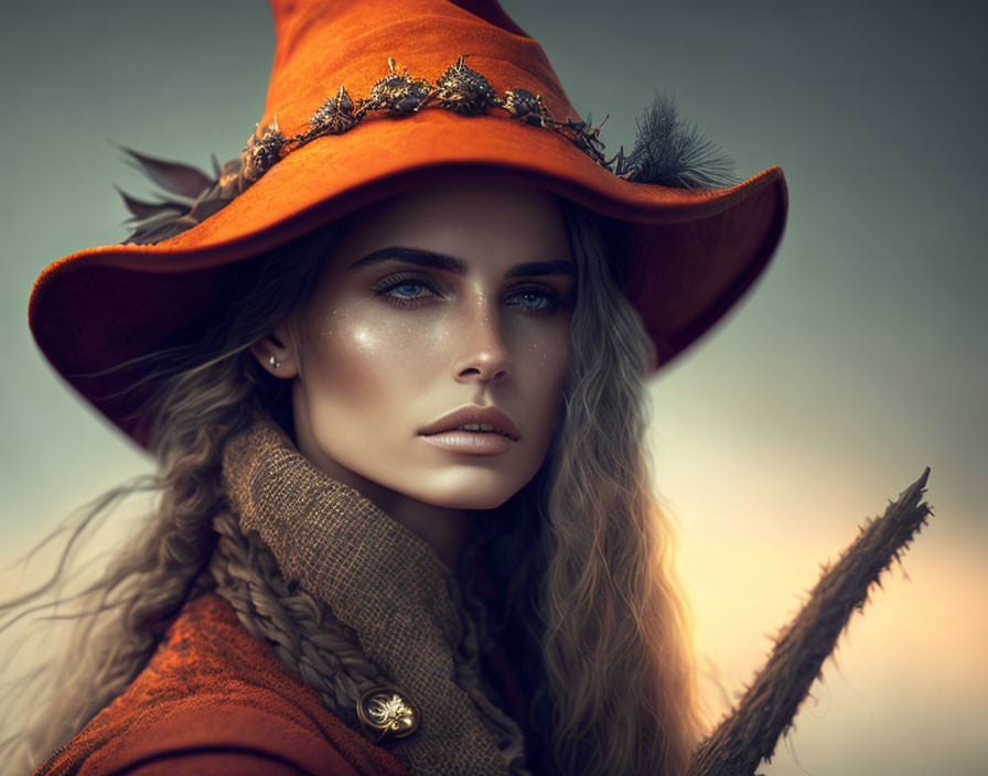 Woman with Blue Eyes in Orange Hat and Earth-Toned Attire Holding Feather