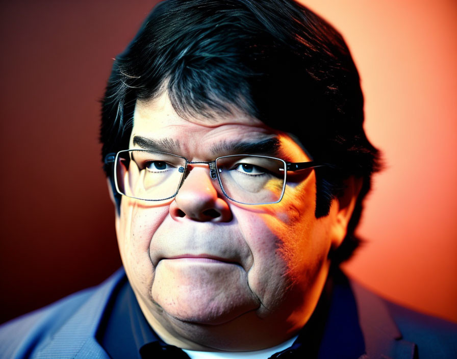 Close-up portrait of a man with glasses under warm and cool lighting