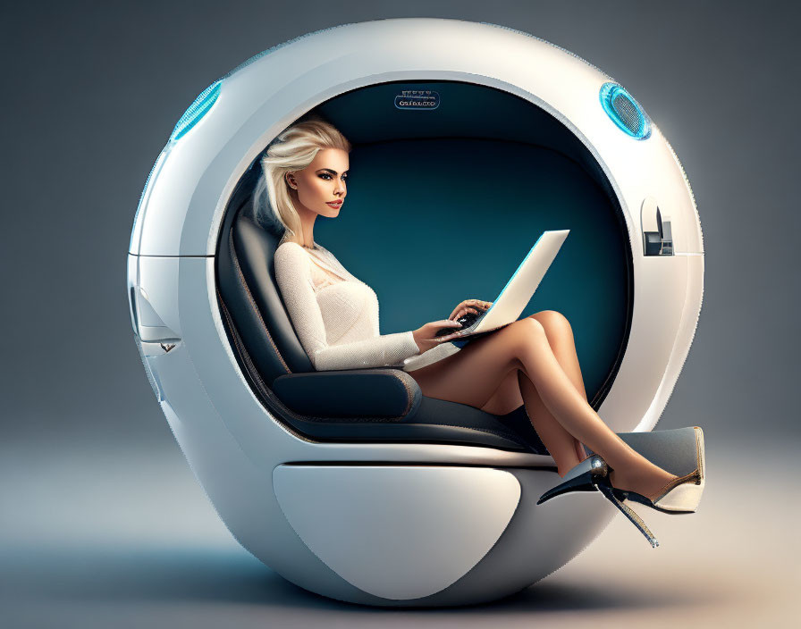 Woman working in futuristic egg-shaped pod chair with laptop and stylish attire