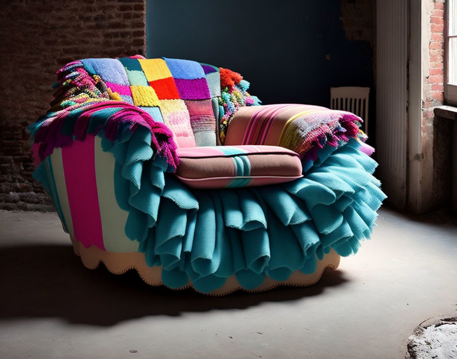 Colorful Patchwork Blanket Couch Against Brick Wall Background