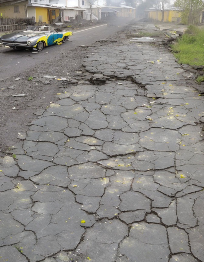 Cracked road with potholes, classic car parked under overcast skies