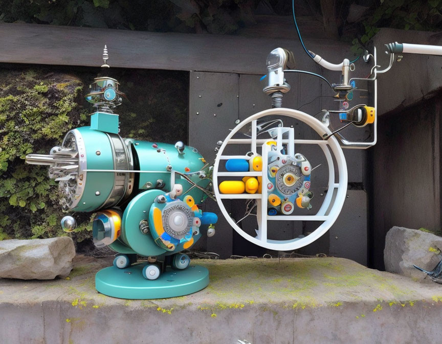 Colorful whimsical outdoor machine with gears, knobs, and tubes on stone ledge