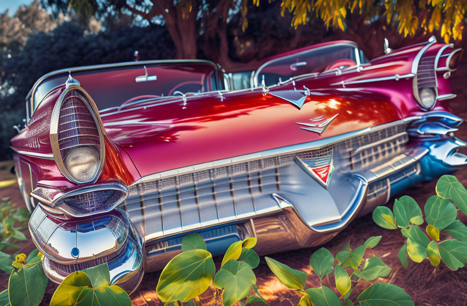 Vintage Red Car with Tailfins, Chrome Details, and Bullet Headlights in Green Foliage