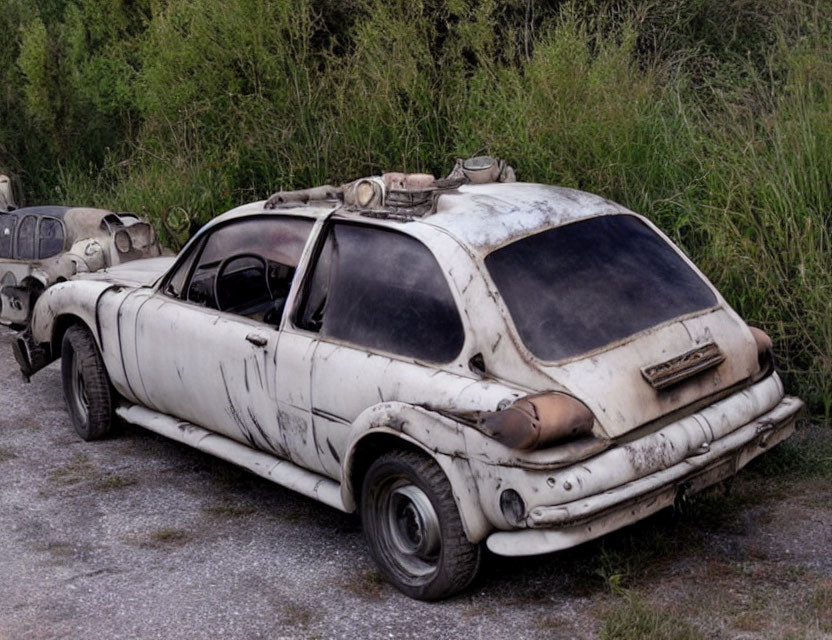 Rusty white car parked on grass, another car in background