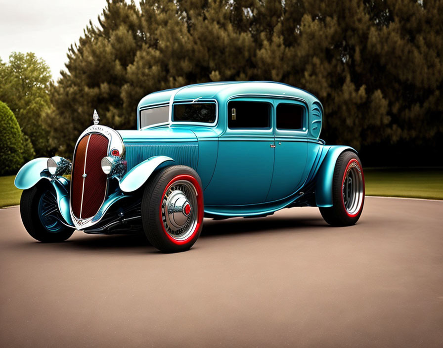 Classic Teal Car with White-Wall Tires in Nature Setting