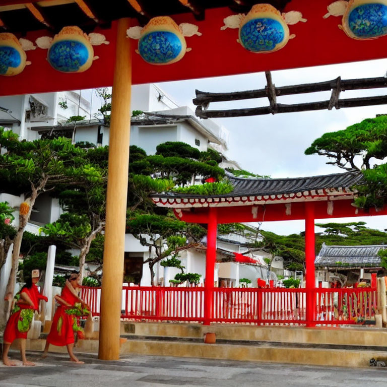 East Asian Red and White Archway with Lanterns and People in Red Attire