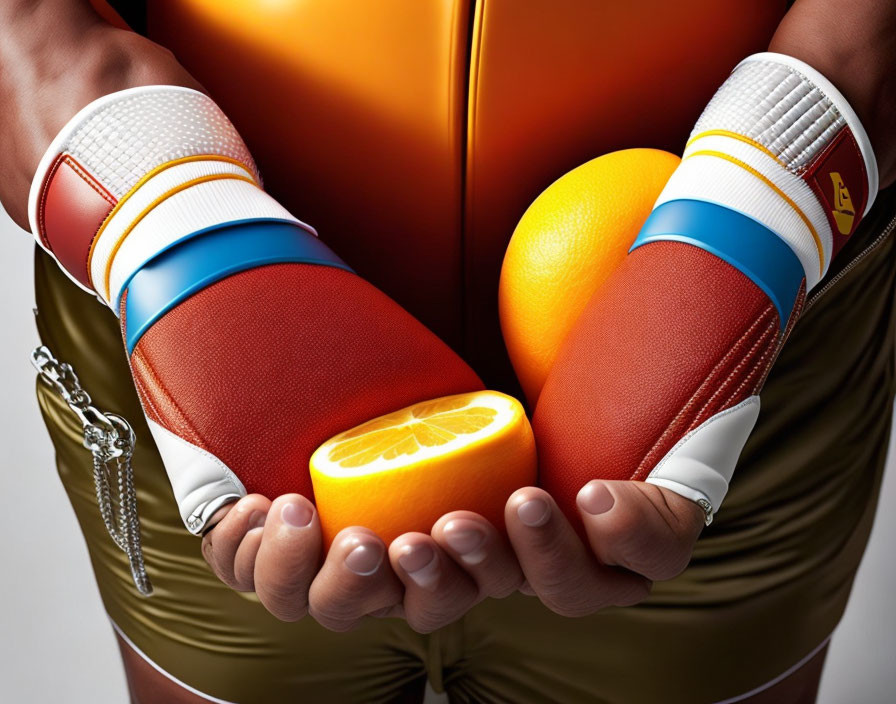 Boxing gloves holding sliced orange symbolizing strength and health.