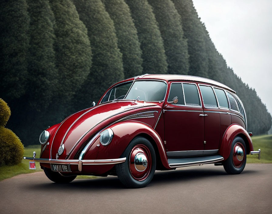 Red Volkswagen Beetle with chrome details parked on hedge-lined road