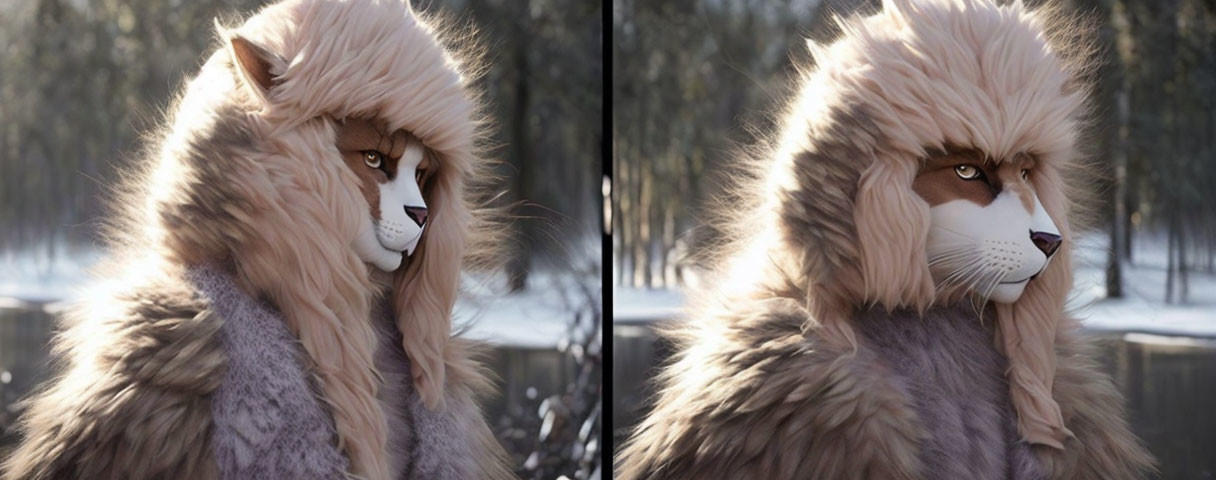 Person in Lion Mask & Fur Coat in Snowy Forest Setting