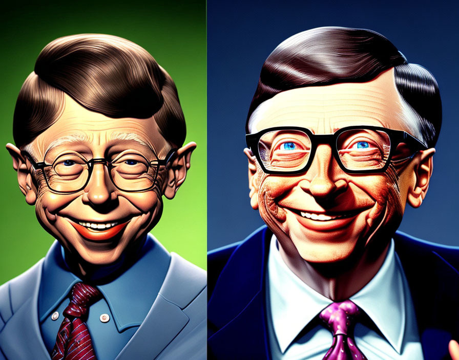 Caricature illustrations of a man in glasses, smiling with and without teeth, in suits.