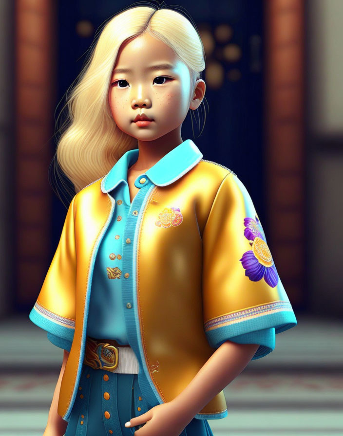 Blonde Girl in Yellow and Blue Outfit with Decorative Patterns