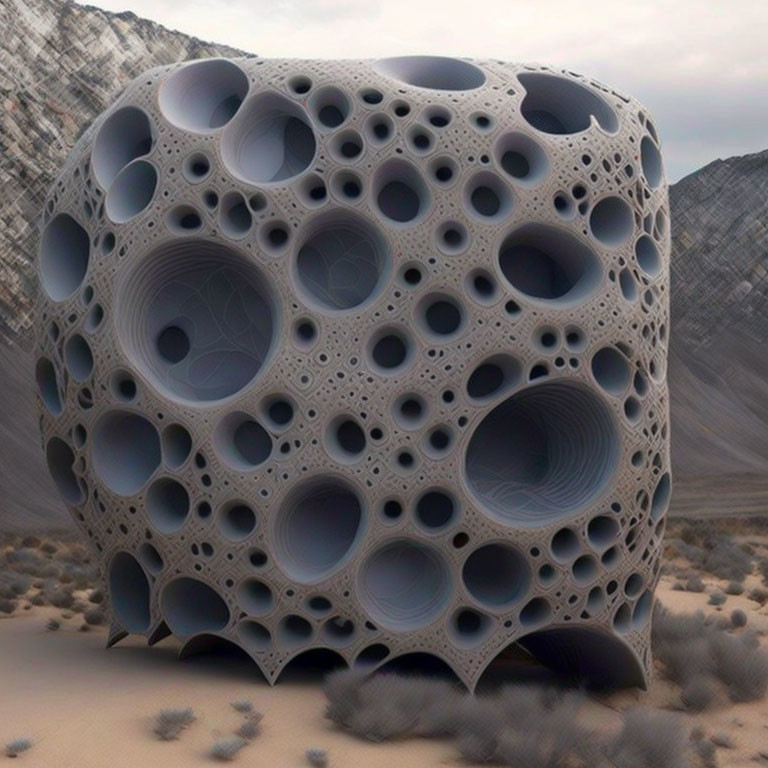 Porous cube structure with circular voids on barren mountain backdrop